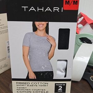 Tahari Size M Black and White 2 Pack of Ribbed Cotton T-Shirts